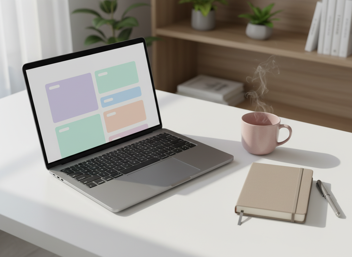 A modern laptop with a slim silver body open on a clean white desk, displaying a softly blurred interface with pastel-colored modules suggesting an online coaching program. Next to the laptop lies a closed, taupe-colored journal with an elastic band and a fine-tip grey pen. A delicate ceramic mug in muted rose stands nearby, with faint steam curling upward. Natural daylight from an unseen window to the left illuminates the scene, creating soft reflections on the laptop surface and subtle shadows under objects. The background fades into a gentle bokeh of neutral-toned shelves with a few plants and books. Photographic realism, slightly angled overhead shot, professional yet warm atmosphere, representing structured online programs with ease and clarity.