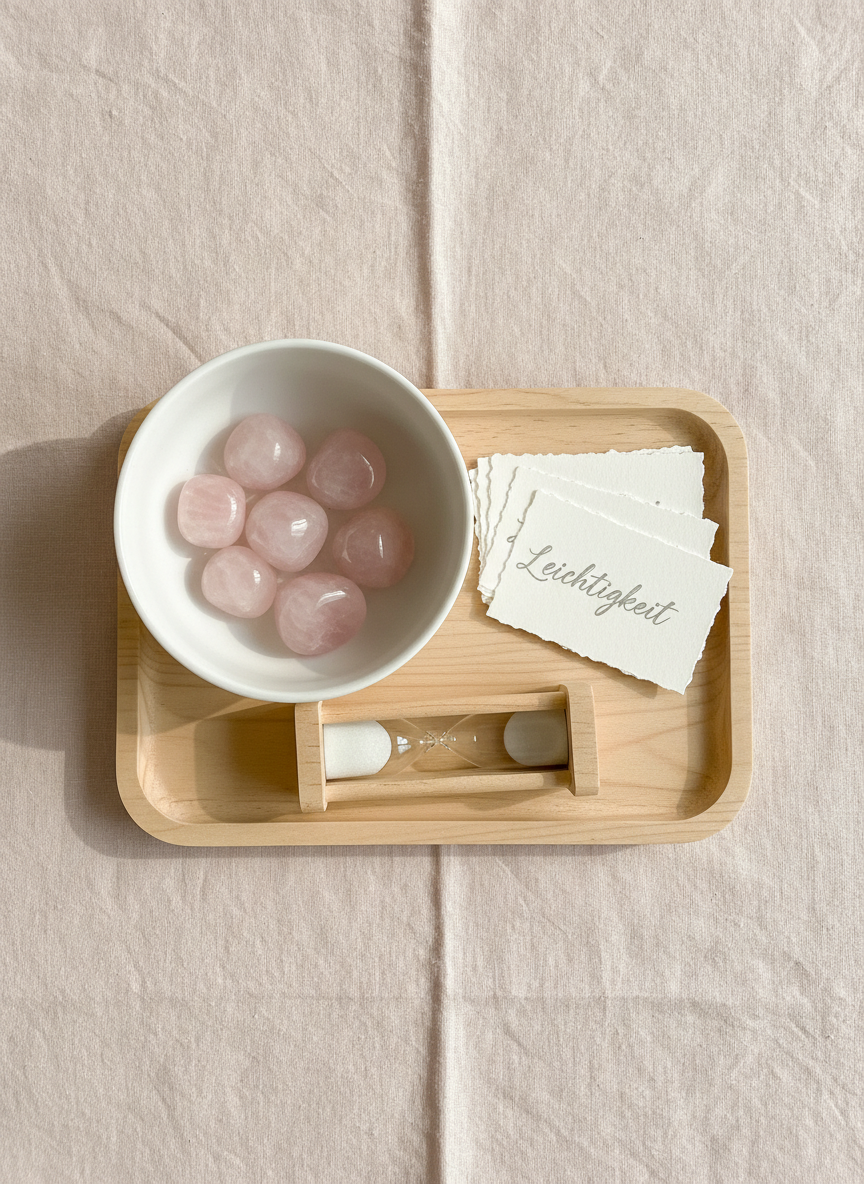 A flatlay of calming self-coaching tools arranged on a pale blush linen cloth: a smooth white ceramic bowl filled with rose quartz stones, a stack of small, cream-colored cards with handwritten-style words like “Leichtigkeit” and “Klarheit” faintly visible, and a slim sand-colored hourglass with fine white sand mid-flow. A minimal wooden tray anchors the composition. Soft, diffused morning light from the top edge of the image creates gentle gradients and almost no harsh shadows, enhancing the soothing palette of soft pinks, beiges, and whites. Photographic realism, top-down composition, clean and balanced layout, evoking a gentle, introspective mood aligned with emotional clarity and ease in everyday life.