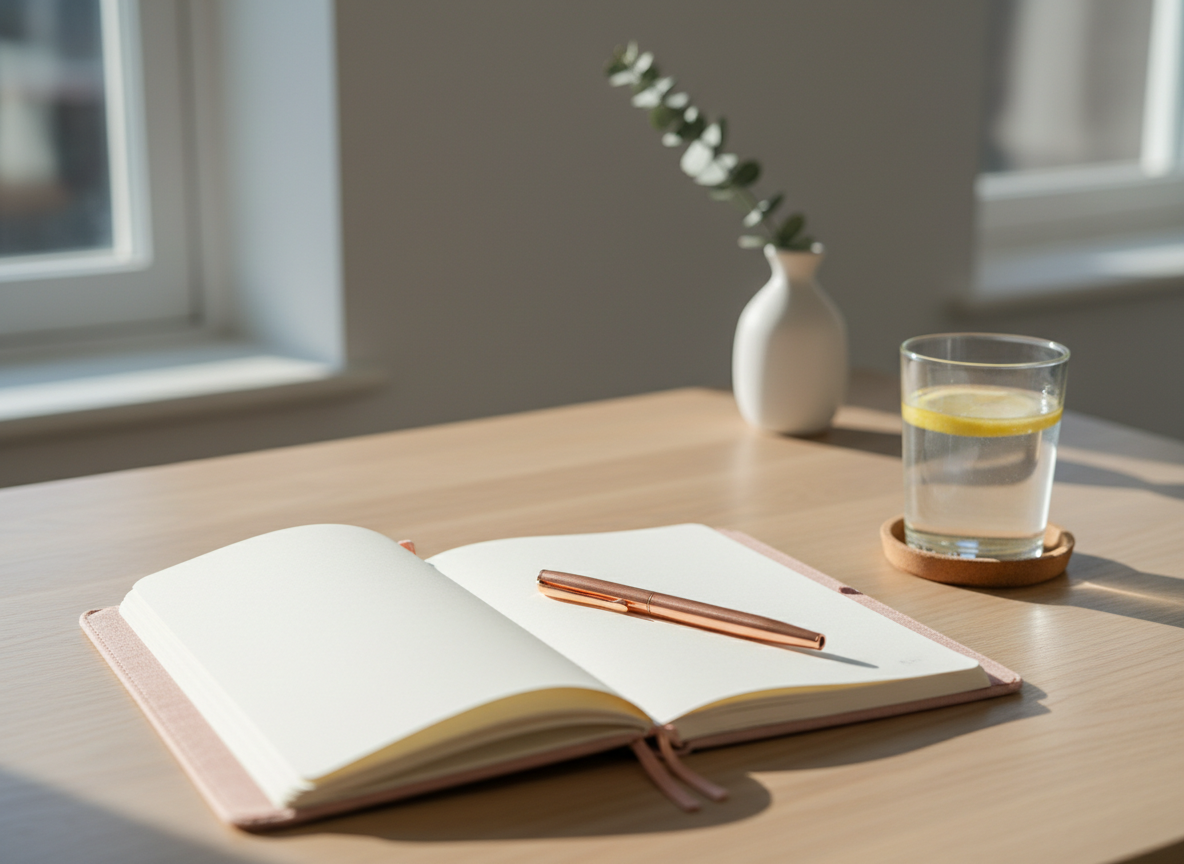 A neatly arranged coaching workspace featuring an open linen-textured notebook with a soft blush cover, a smooth rose-gold pen resting across its pages, and a minimalist glass of water with a lemon slice. Everything sits on a light oak desk with a subtle grain, near a large window. Diffused late-morning natural light washes over the scene, creating gentle shadows and a calm, airy atmosphere. In the softly blurred background, a pale grey wall and a single eucalyptus branch in a simple white ceramic vase add serenity. Photographic realism, eye-level composition with shallow depth of field, conveying clarity, focus, and lightness in everyday life and work.