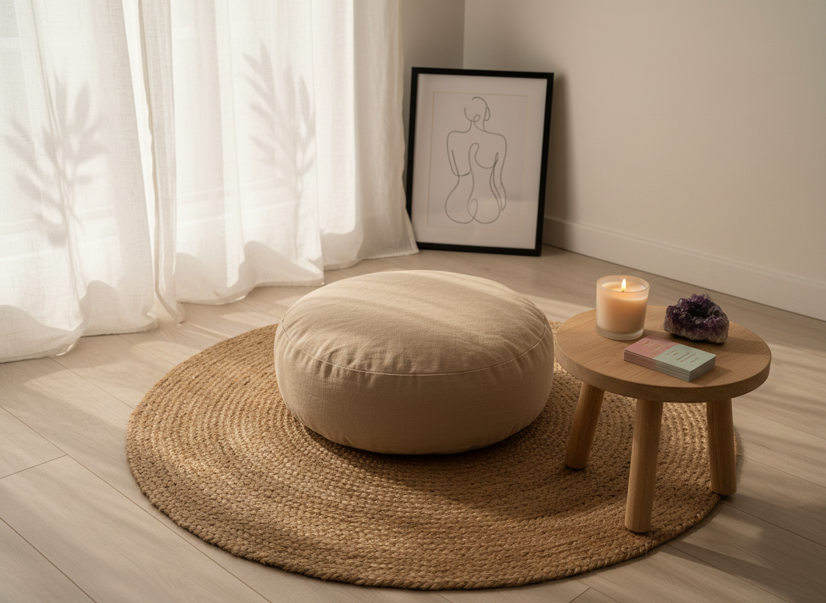 A serene home meditation corner centered around a round, sand-colored meditation cushion made of natural cotton, placed on a woven jute rug. Beside it, a small wooden side table holds a lit soy candle in frosted glass, an amethyst crystal, and a neatly stacked set of pastel affirmation cards. Soft, warm afternoon light filters through sheer white curtains, casting delicate patterns on the pale wooden floor. The background shows a clean, uncluttered wall in warm white, with a single framed abstract line drawing. Photographic realism, shot from a slightly elevated angle, calm and intimate mood, minimalist and nurturing aesthetic symbolizing inner peace and self-care for women.